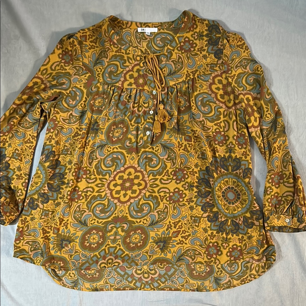 DR2 100% Poly Ochre & Teal Print Tie Front Long Sleeve Blouse with Shirred Yoke